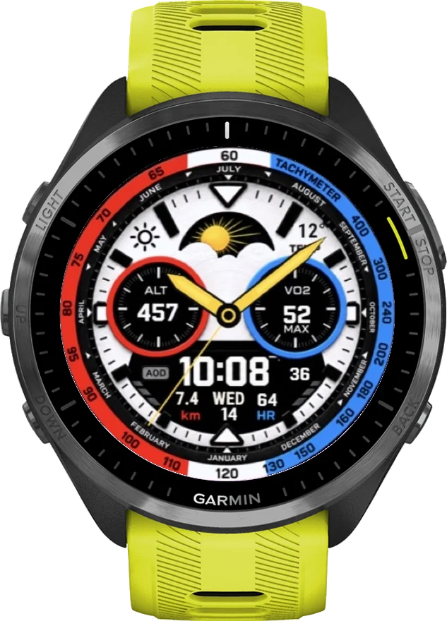 Циферблат ТАХИМЕТР-ТРИКОЛОР на Garmin Forerunner 965