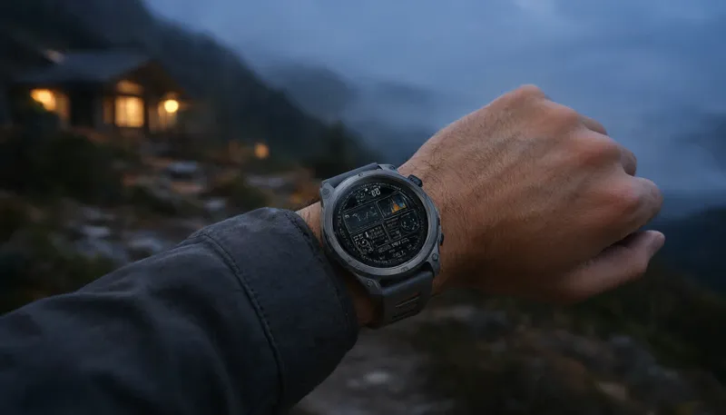 мужские смарт-часы Garmin с тактическим циферблатом на руке на фоне туманных гор