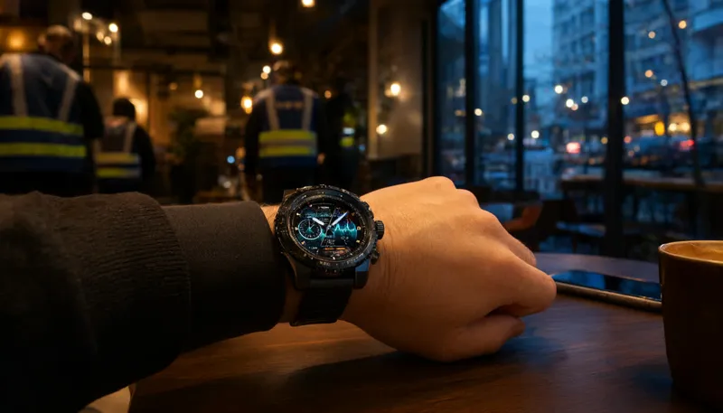 Рука с часами Garmin на фоне кафе как способ купить циферблат Garmin в России