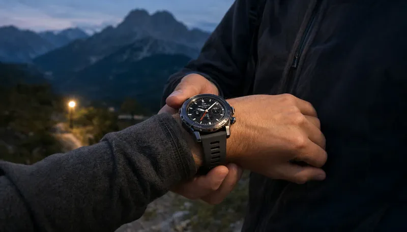 Спортивные часы Garmin на руке человека на фоне горных вершин в вечернее время для статьи про смену циферблата