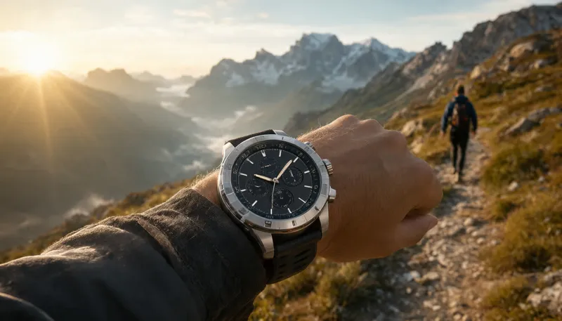 Спортивные часы Garmin fenix 8 на руке туриста во время похода в горах на рассвете