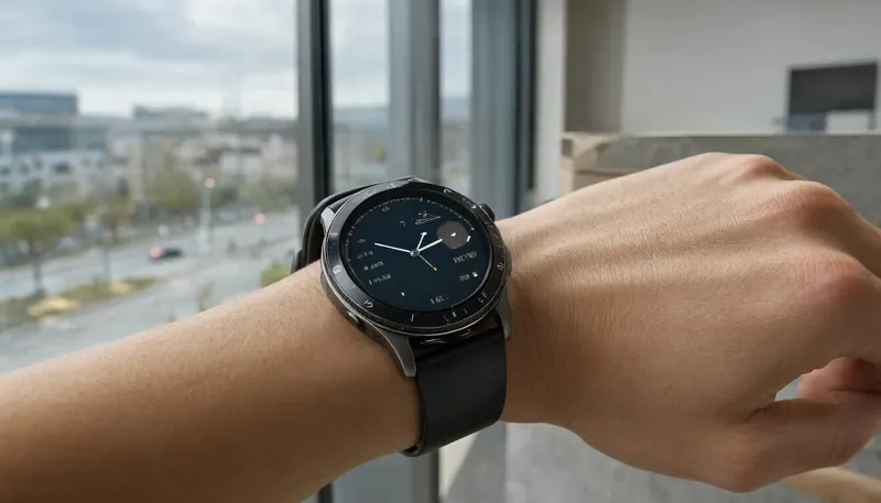 Спортивные умные часы Garmin с круглым циферблатом на руке на фоне панорамного окна