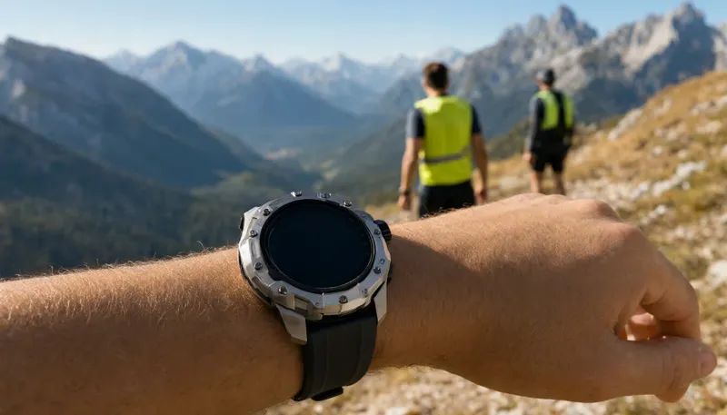 Мужская рука с часами Garmin на фоне бегунов и горных вершин для выбора циферблата в каталоге