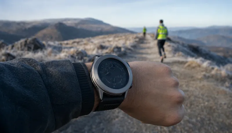 Спортивные часы Garmin fenix 8 на руке на фоне силуэта бегуна и горных вершин