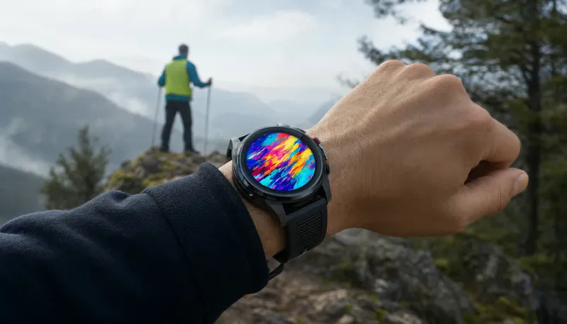скачать циферблат для garmin яркие часы на запястье туриста на фоне горных вершин и треккинговых палок