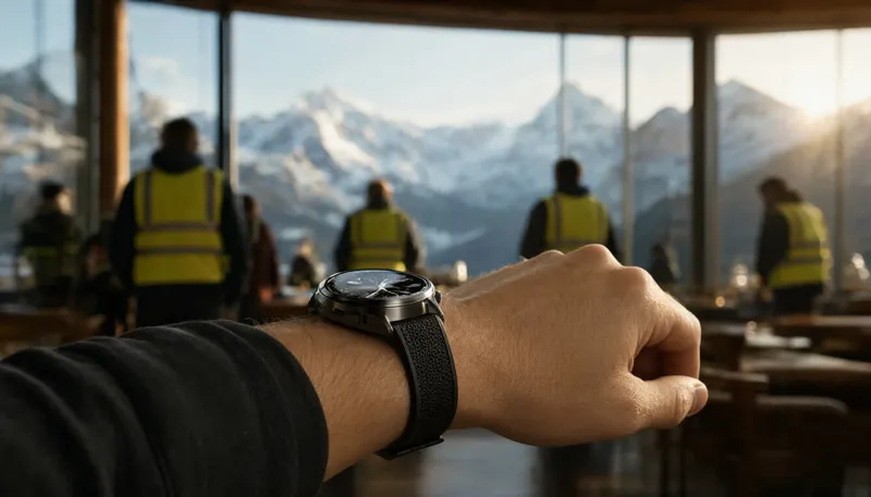 Циферблат Garmin с цифровым экраном на руке человека на фоне панорамного окна с видом на горный пейзаж