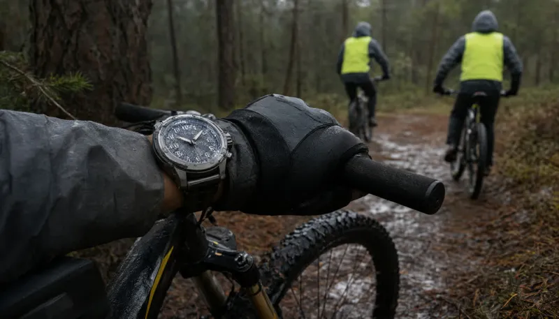 Премиальные спортивные часы Garmin fenix 7 с детализированным циферблатом на руке велосипедиста в хвойном лесу