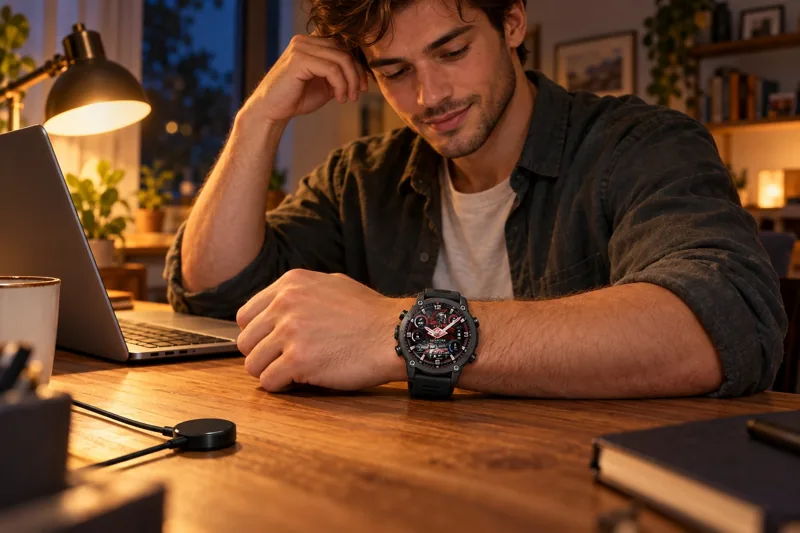 Вечер за ноутбуком — на руке Garmin с циферблатом СПАРТАК